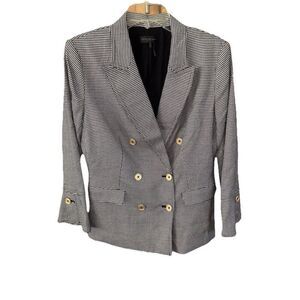 Donna Karan Jacket Women M Black Ivory Blazer Double Breasted Houndstooth Pocket